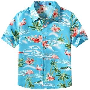 NWOT SSLR Boys Collection blue flamingo tropical button down short sleeve Large